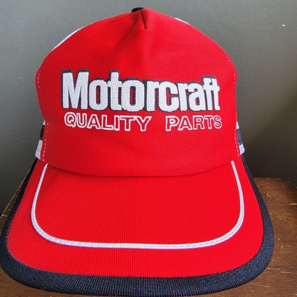 Vintage Motorcraft Quality Parts Three Stripe Mesh‎ Snapback Trucker Hat Cap Red